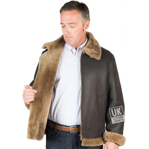 Mens Finest Shearling Aviator Jacket - Semi-Matt Brown / Brown Wool Interior