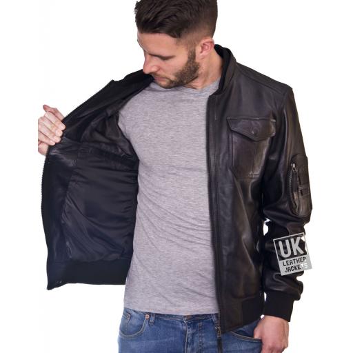 Mens Black Leather Bomber Jacket - Maveric - Lining