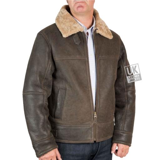 Mens Shearling Sheepskin Flying Jacket - Calgary - Vintage Matt Brown - Front