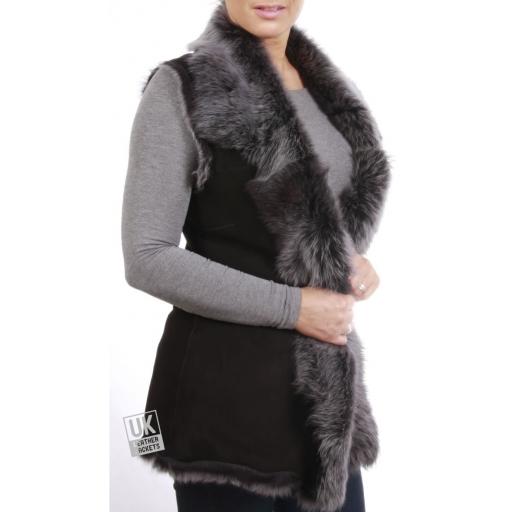 Long Toscana Sheepskin Gilet - Black Snow Tipped - Front