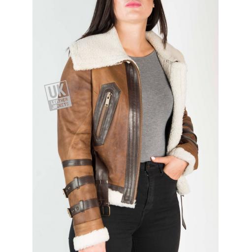 Womens Belted Shearling Sheepskin Jacket – Alana - Vintage Tan - Unzipped