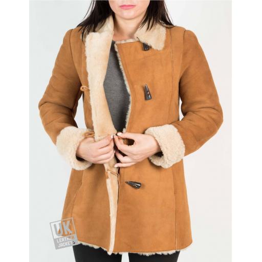 Womens Tan Shearling Sheepskin 3/4 Length - Verity - Inside Button