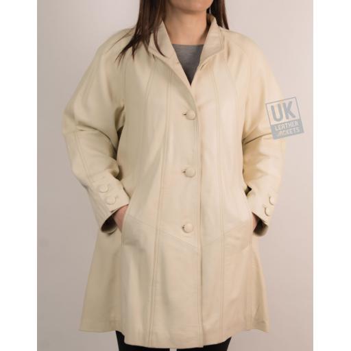 Women's Ivory Leather Swing Coat - Jewel - Buttoned