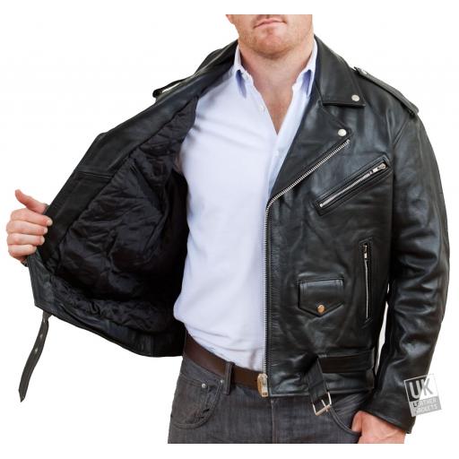 Men's Black Leather Biker Jacket in Cow Hide - Harley - Lining