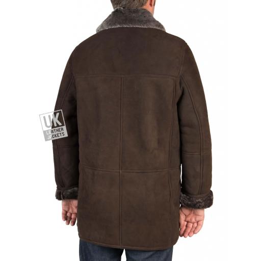 Mens Shearling Sheepskin 3/4 Length Coat - Sunningdale - Brown - Back