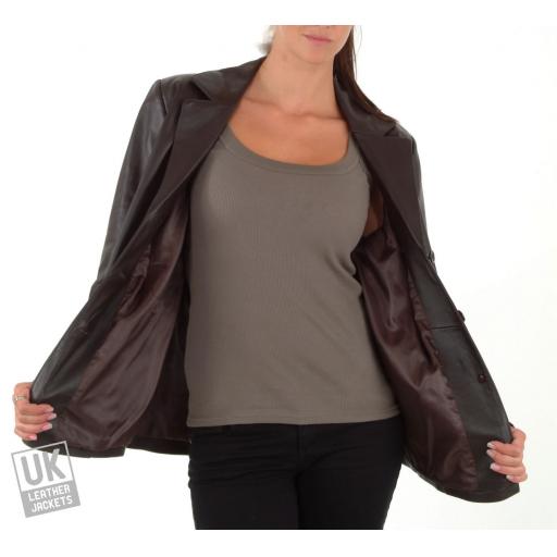 Women's Brown Leather Blazer - Rina - Lining