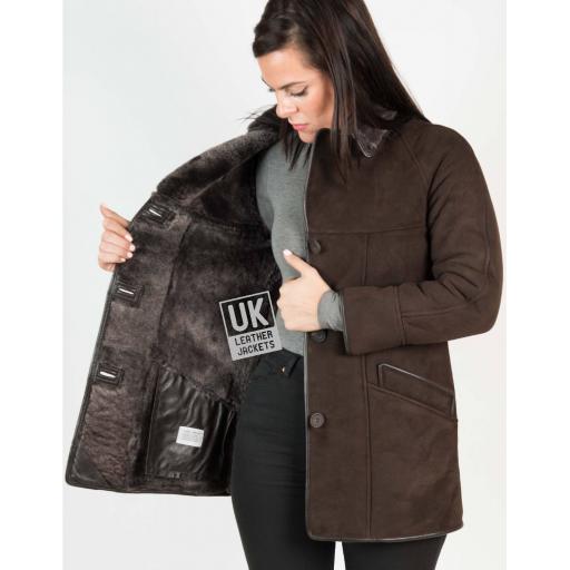 Womens Brown Shearling Sheepskin Car Coat - Honor - Wool Interior