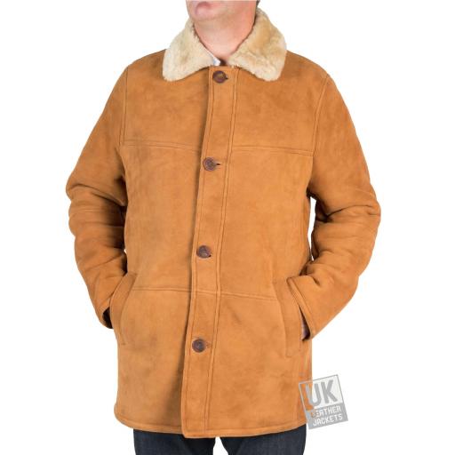 Mens Shearling Sheepskin 3/4 Length Coat - Sunningdale - Tan - Front