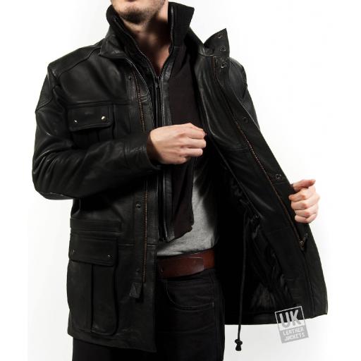 Men's Vintage Racing Leather Jacket in Black Cow Hide - Plus Size - Farley - Detachable Lining