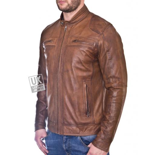 Mens Vintage Tan Leather Biker Jacket - Morgan - Front Zipped