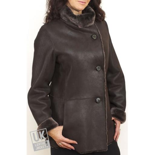 Finest Shearling Sheepskin Hip Length Jacket - Felice - Dark Brown - Front 2