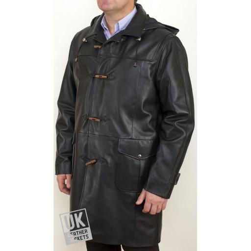 Men's Hooded Vintage Black Leather Duffle Coat - Plus Size - Monty - Cover