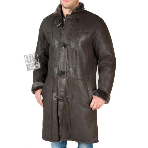 Mens Shearling Sheepskin Duffle Coat - Detach Hood - Colorado - Matt Brown - Without the Hood