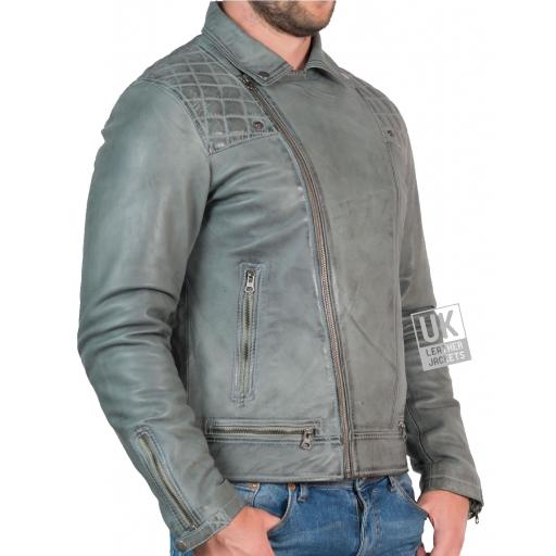 Mens Leather Biker Jacket - Hurricane - Vintage Grey - Side Detail