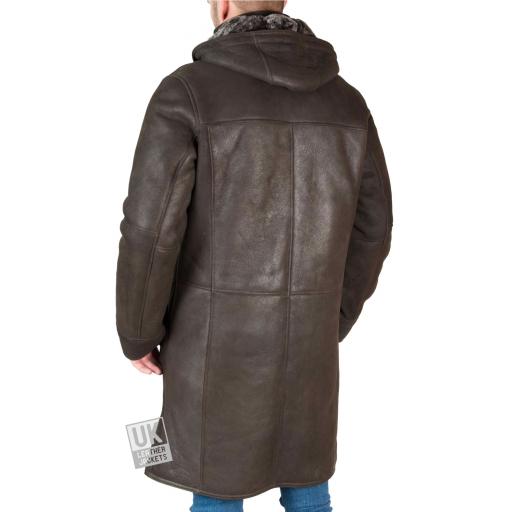 Mens Shearling Sheepskin Duffle Coat - Detach Hood - Colorado - Matt Brown - Back