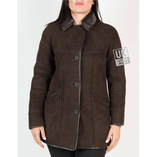 Womens Brown Shearling Sheepskin Car Coat - Honor - Button Front