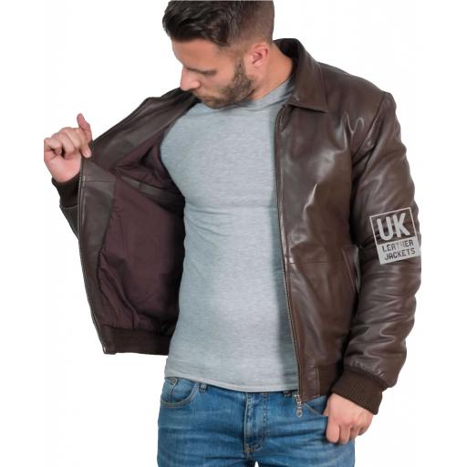 Mens Brown Leather Bomber Jacket - Bristol - Lining