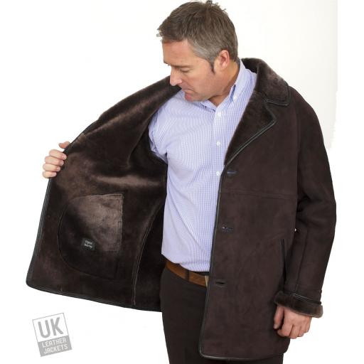 Finest Men's Brown Shearling Lambskin Car Coat - Rear