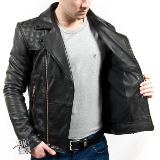 Men’s Black Leather Biker Jacket - Maze - Superior Cow Hide - Lining