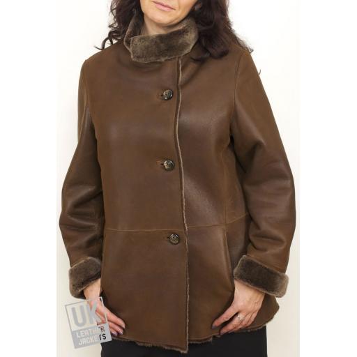 Finest Shearling Sheepskin Hip Length Jacket - Felice - Maple Brown - Front 2