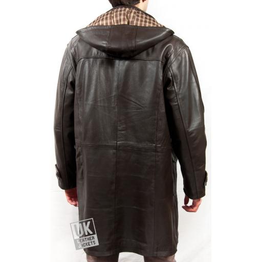 Mens Brown Nappa Leather Duffle Coat - Detach Hood - Avon - Back