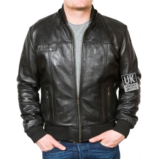 Men's Black Hooded Leather Bomber Jacket - Troy - Front no hood