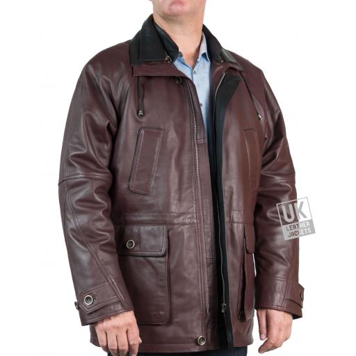 Men's Oxblood Leather Parka Coat - Huxley - Front