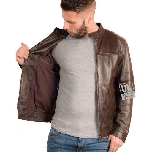 Mens Brown Leather Biker Jacket - Xen - Lining