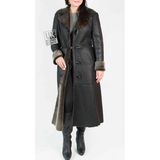 Womens Lambskin Full Length Coat - Midnight  Black -  Inside Button