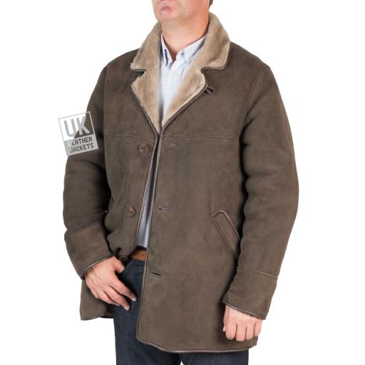 Mens Grey  Shearling Sheepskin Long Jacket - Foxhills - Front