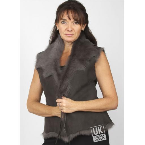 Women's Grey Toscana Sheepskin Gilet - Plus Size - Front