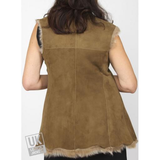 Long Toscana Sheepskin Gilet - Camel - Back