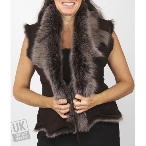 Women's Brown Snow Tipped Toscana Sheepskin Gilet - Front