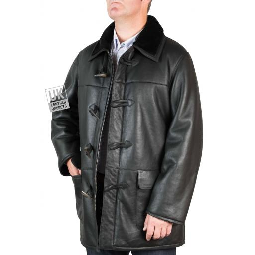 Finest Men's Black Shearling Sheepskin Duffle Coat - Regent - Front