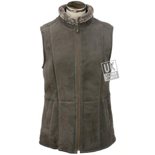 Womens Shearling Sheepskin Zip Gilet - Grey Suede - Front