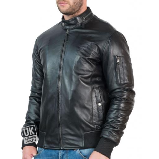 Men's Black Leather Bomber Jacket - Voltan - Front Zipped