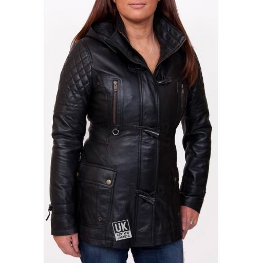 Womens Black Leather Hip Length Coat - Detach Hood -size 16-18 only