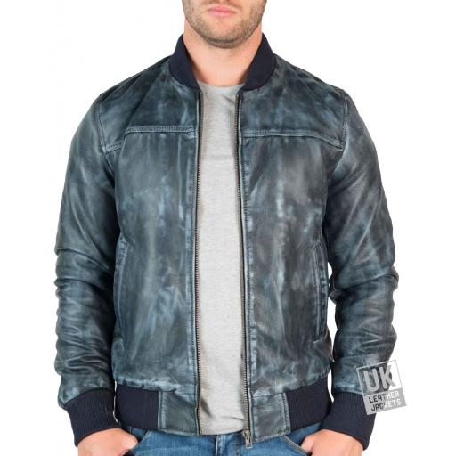 Mens Slim Fit Leather Bomber Jacket - Stone Wash Blue - Unzipped
