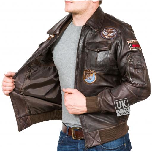 Men's Brown Leather Bomber Jacket - Tornado - Lining