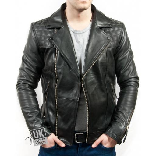 Men’s Black Leather Biker Jacket - Maze - Superior Cow Hide - Front