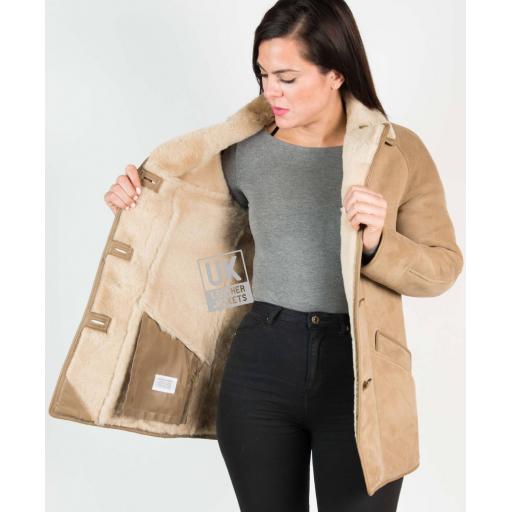 Womens Taupe Shearling Sheepskin Car Coat - Honor - Wool Interior