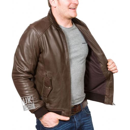 Men's Brown Leather Bomber Jacket - Axis - Lining