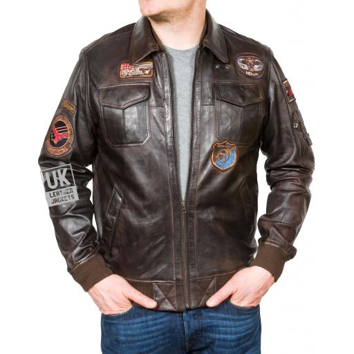 Men's Brown Leather Bomber Jacket - Tornado - Front