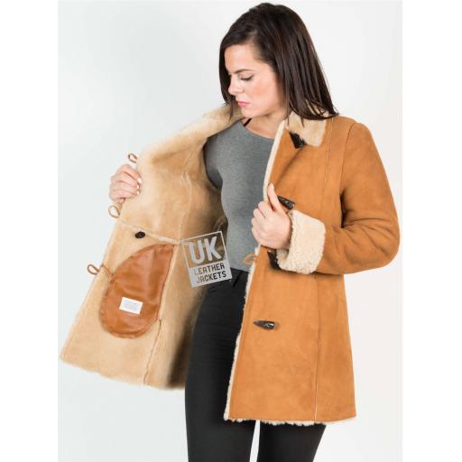 Womens Tan Shearling Sheepskin 3/4 Length - Verity - Wool Interior