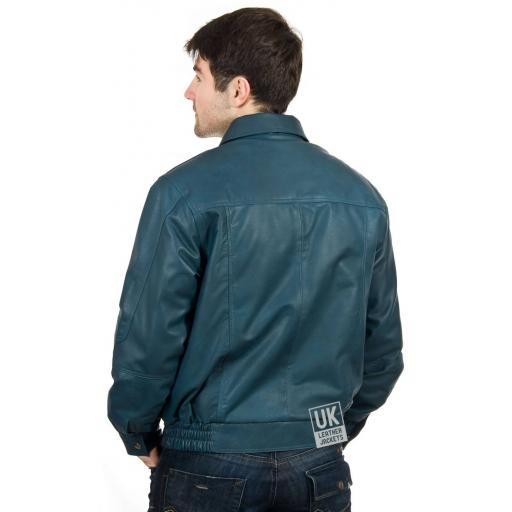 Men's Blue Leather Jacket - Hudson - Back