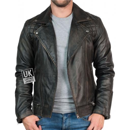 Mens Leather Biker Jacket - Hurricane - Burnished Black