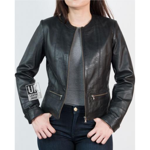 Womens Collarless Black Leather Jacket - Kilder - Unzipped