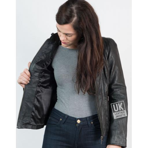 Ladies Black Classic Zip Leather Jacket - Crushed Finish