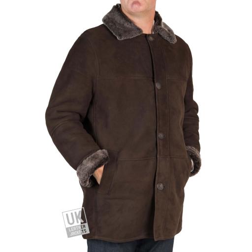 Mens Shearling Sheepskin 3/4 Length Coat - Sunningdale - Brown - Button Front