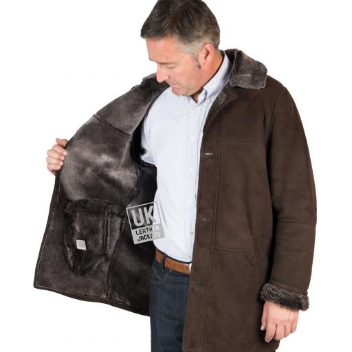 Mens Shearling Sheepskin 3/4 Length Coat - Sunningdale - Brown - Wool Interior